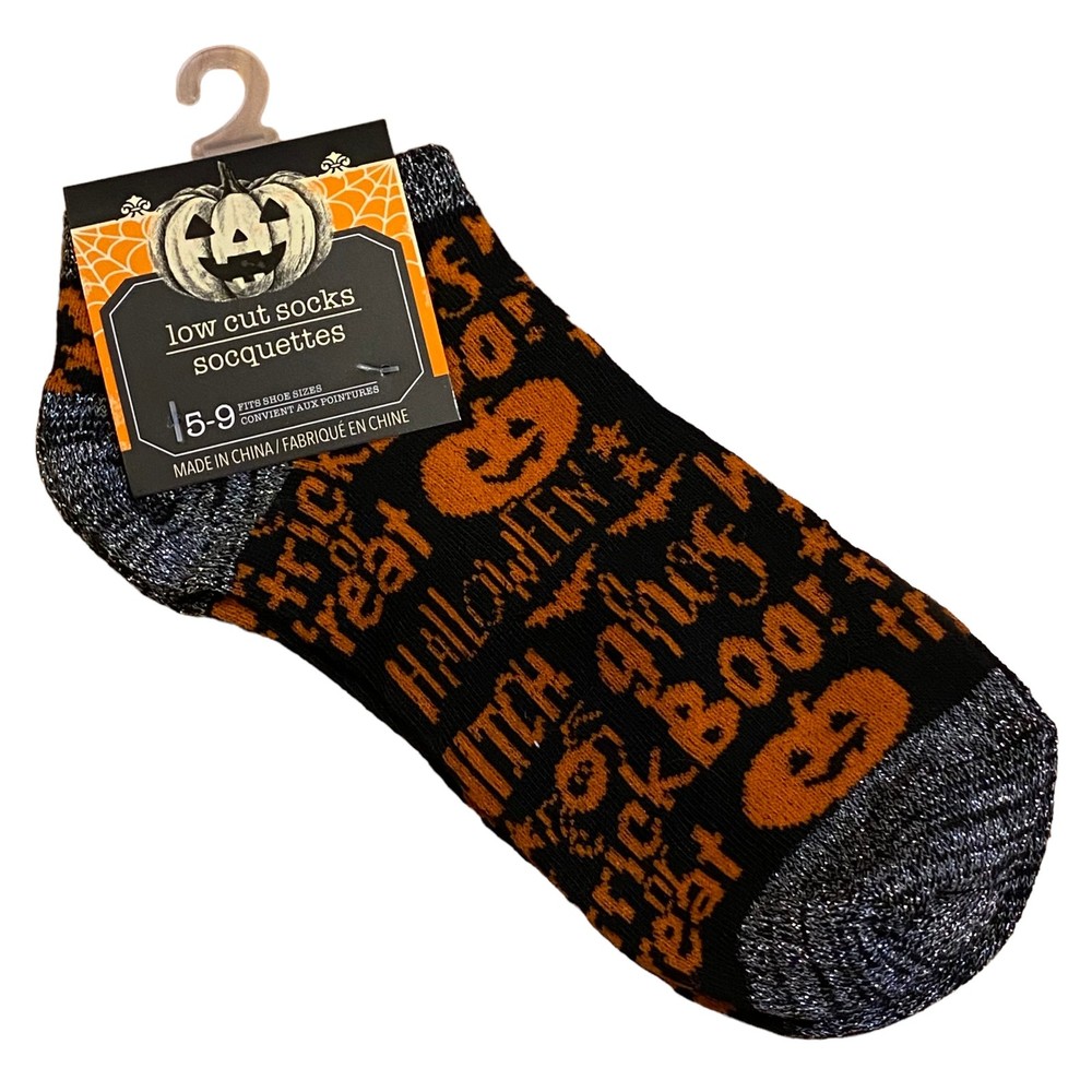 Halloween Pumpkin Black Orange Size 5-9 Low Cut Socks NWT